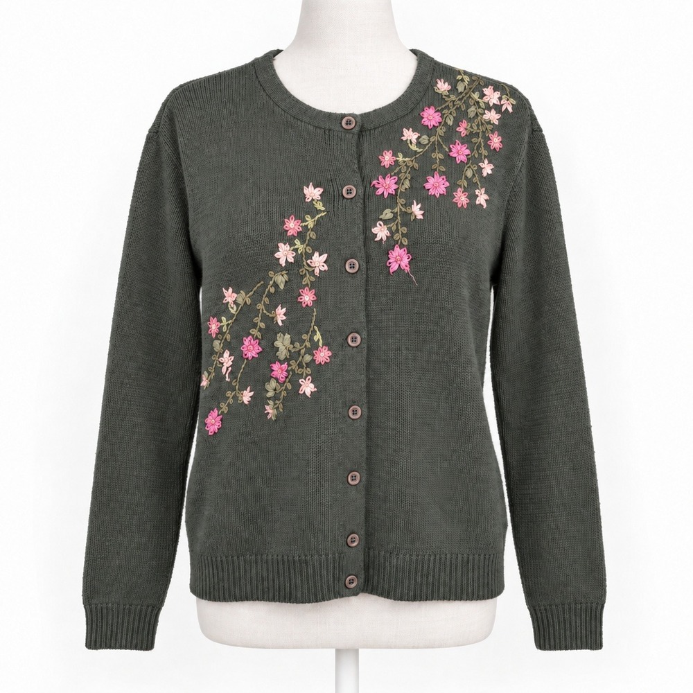 Vintage 90s Floral Embroidered Button Cardigan Size L Green Cottagecore Fairy